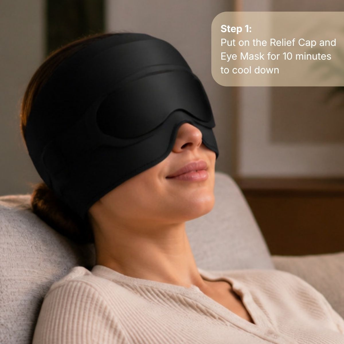 Woman wearing a black relief cap and eye mask in a relaxed setting